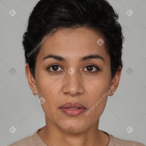 Neutral latino young-adult female with short  brown hair and brown eyes