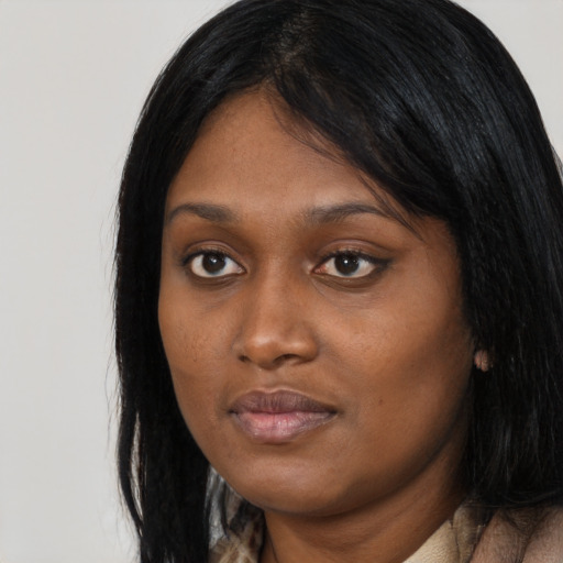 Neutral asian young-adult female with long  black hair and brown eyes