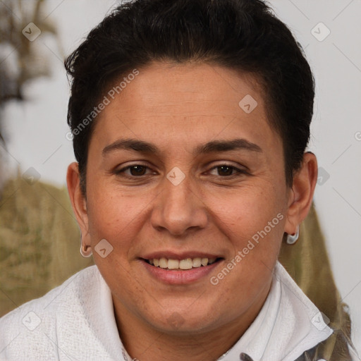 Joyful white adult female with short  brown hair and brown eyes