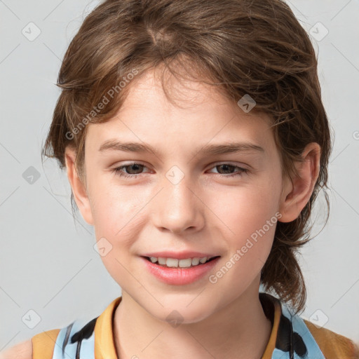 Joyful white child female with medium  brown hair and brown eyes