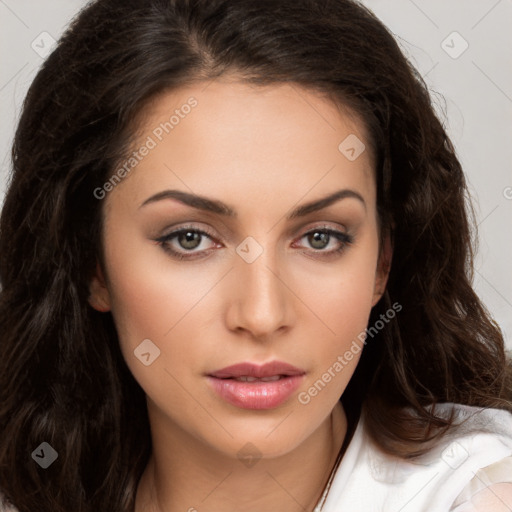 Neutral white young-adult female with long  brown hair and brown eyes