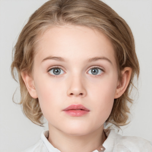 Neutral white child female with medium  brown hair and blue eyes