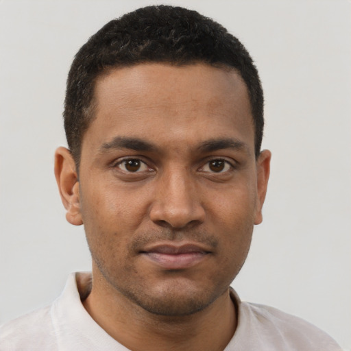 Neutral black young-adult male with short  brown hair and brown eyes