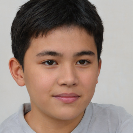 Joyful asian child male with short  brown hair and brown eyes