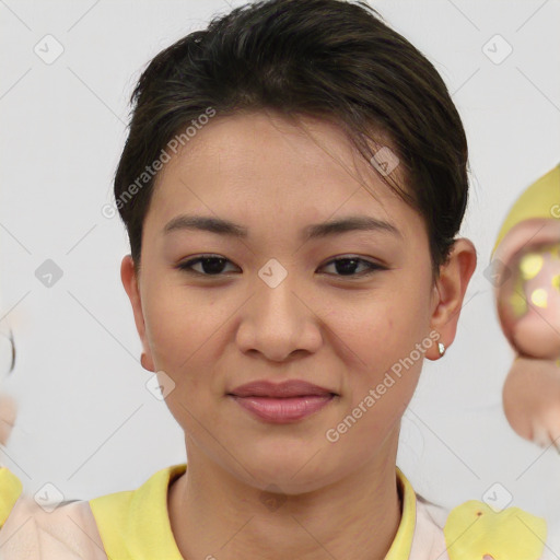 Joyful white young-adult female with short  brown hair and brown eyes