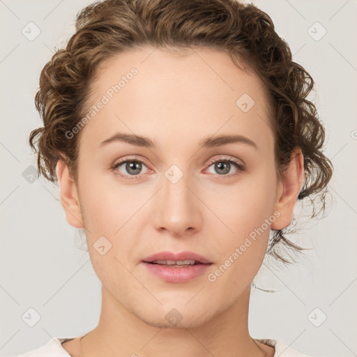 Neutral white young-adult female with short  brown hair and brown eyes