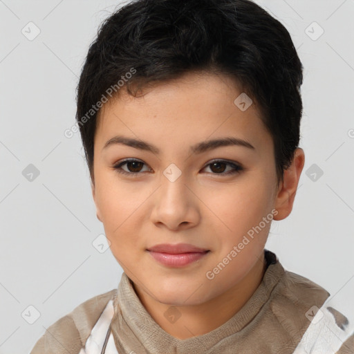 Joyful asian young-adult female with short  brown hair and brown eyes