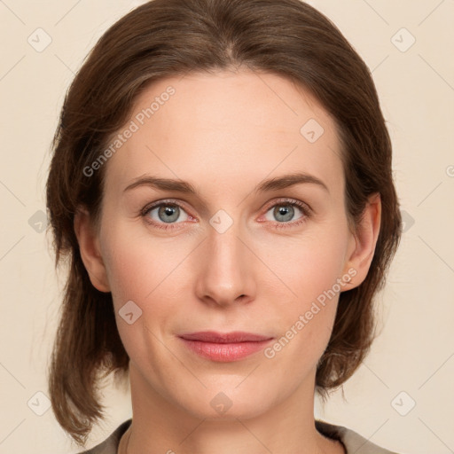 Neutral white young-adult female with medium  brown hair and green eyes