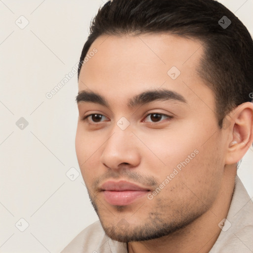 Neutral white young-adult male with short  brown hair and brown eyes