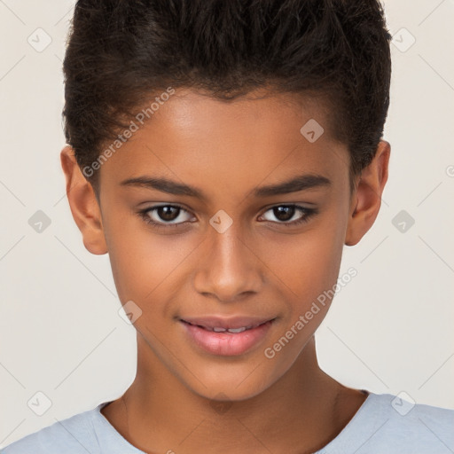 Joyful white child female with short  brown hair and brown eyes