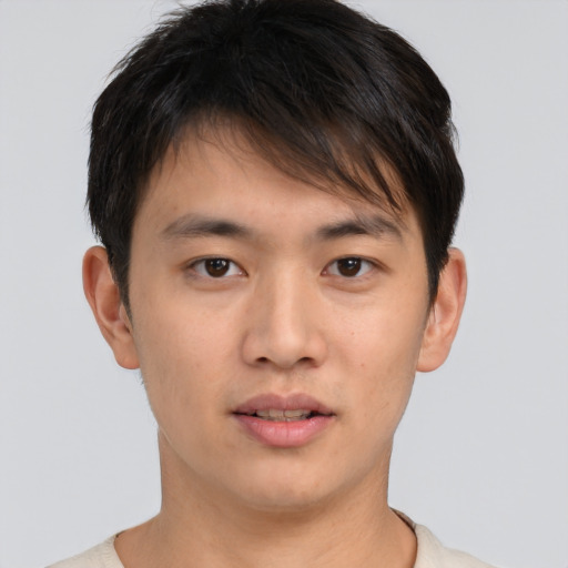 Neutral white young-adult male with short  brown hair and brown eyes