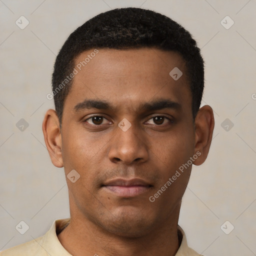 Neutral latino young-adult male with short  black hair and brown eyes