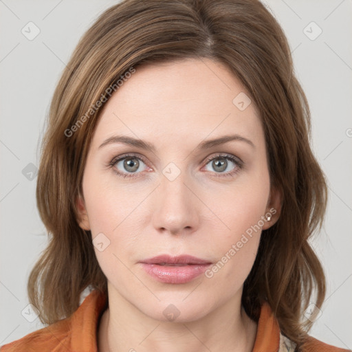 Neutral white young-adult female with medium  brown hair and grey eyes