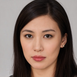 Neutral asian young-adult female with long  brown hair and brown eyes