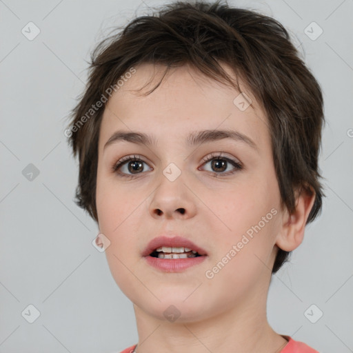 Neutral white young-adult female with short  brown hair and brown eyes