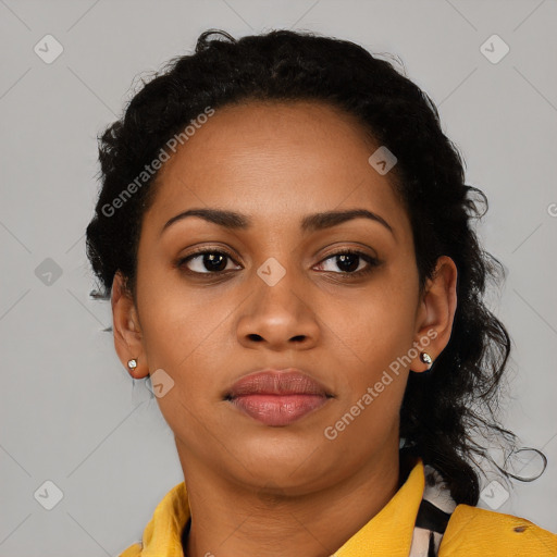 Neutral black young-adult female with short  black hair and brown eyes