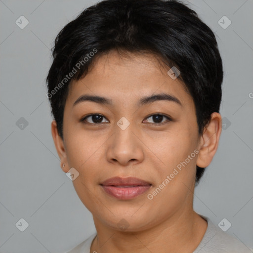 Joyful asian young-adult female with short  brown hair and brown eyes