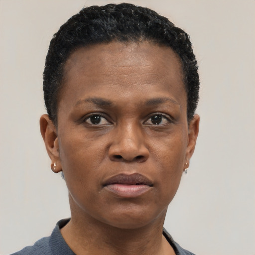 Neutral black young-adult female with short  black hair and brown eyes
