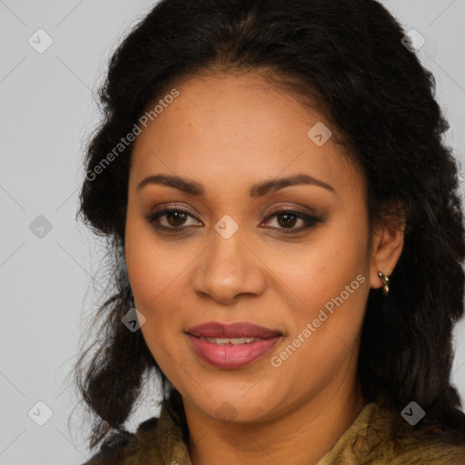 Joyful latino young-adult female with long  brown hair and brown eyes