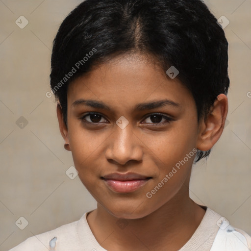 Joyful latino young-adult female with short  brown hair and brown eyes