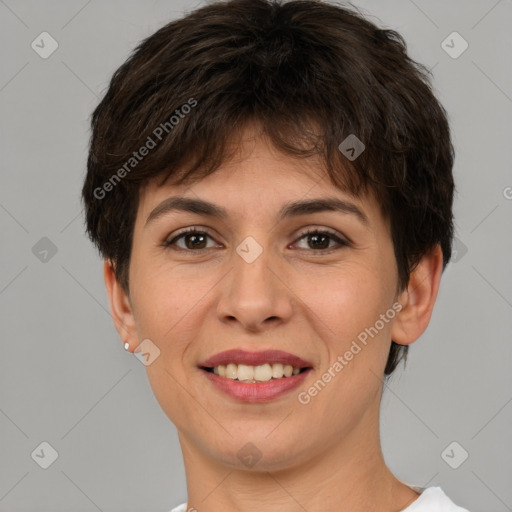 Joyful white young-adult female with short  brown hair and brown eyes