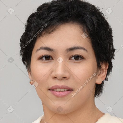 Joyful asian young-adult female with short  brown hair and brown eyes