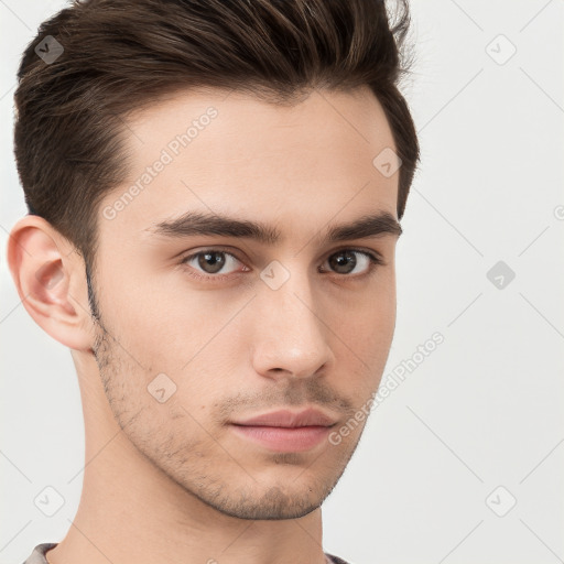 Neutral white young-adult male with short  brown hair and brown eyes