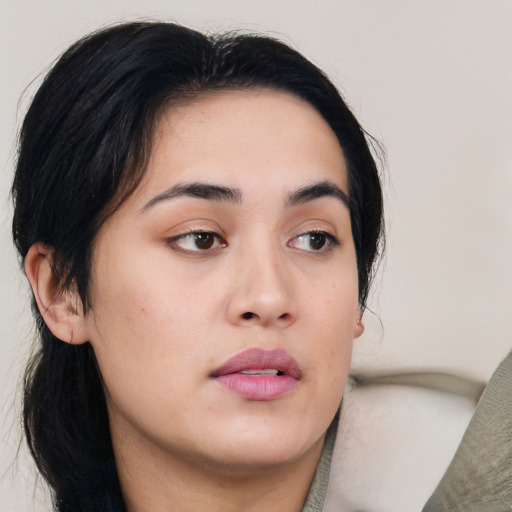 Neutral asian young-adult female with medium  brown hair and brown eyes