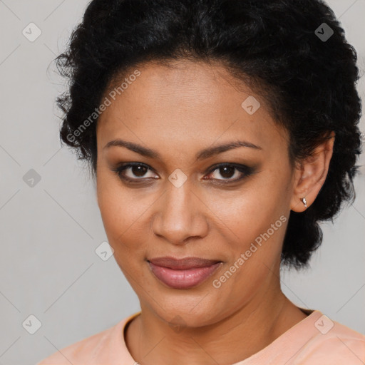 Joyful latino young-adult female with short  brown hair and brown eyes