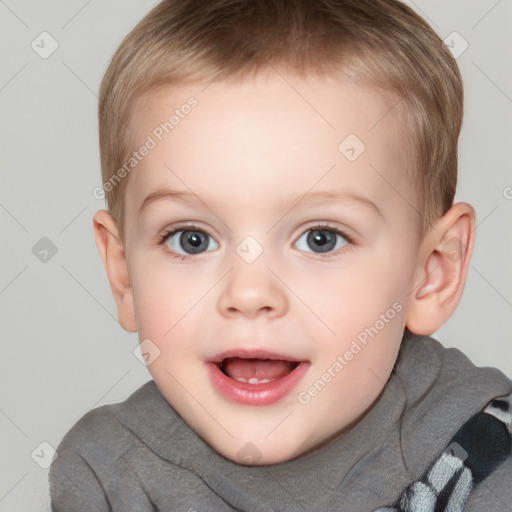 Joyful white child female with short  brown hair and brown eyes