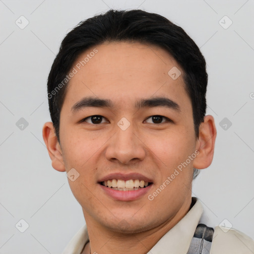 Joyful asian young-adult male with short  black hair and brown eyes