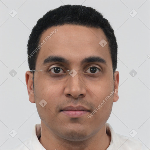 Neutral latino young-adult male with short  black hair and brown eyes