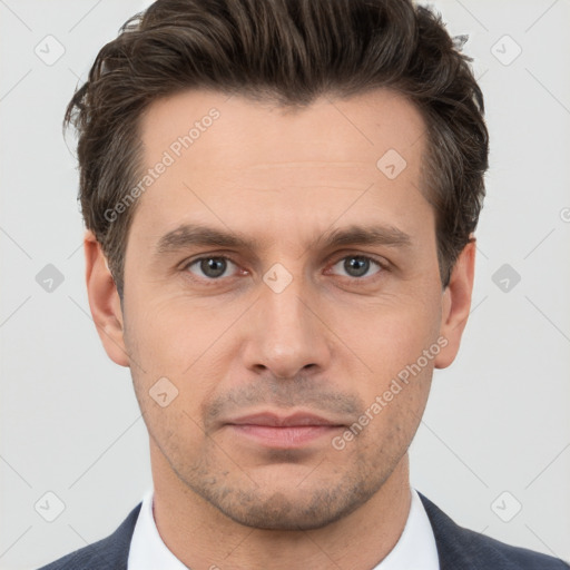 Neutral white adult male with short  brown hair and brown eyes