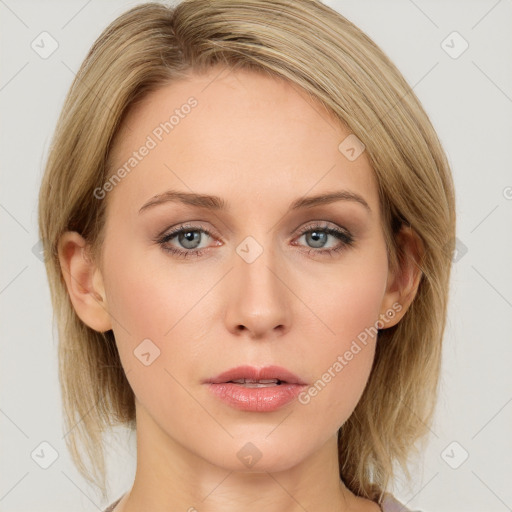 Neutral white young-adult female with medium  brown hair and grey eyes