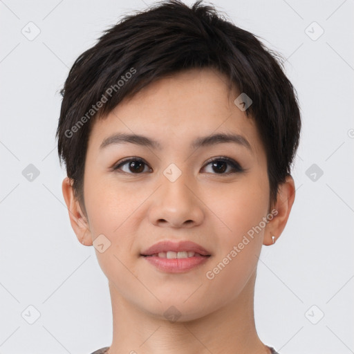 Joyful asian young-adult female with short  brown hair and brown eyes