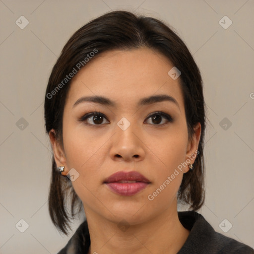 Neutral asian young-adult female with medium  brown hair and brown eyes