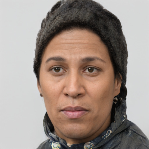 Joyful latino adult female with short  black hair and brown eyes