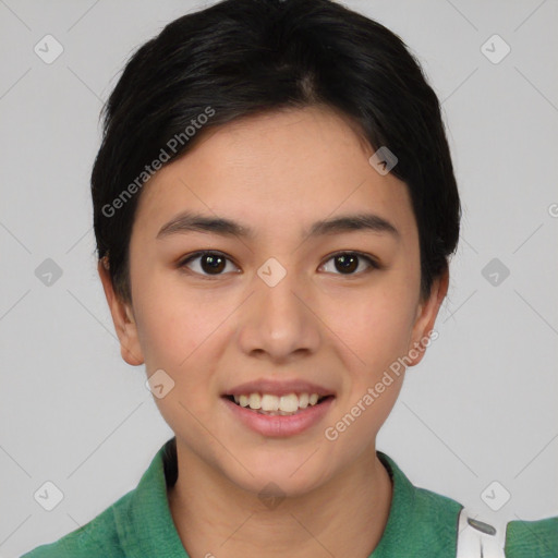 Joyful asian young-adult female with short  black hair and brown eyes