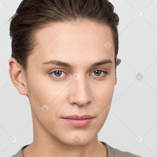 Neutral white young-adult female with short  brown hair and brown eyes