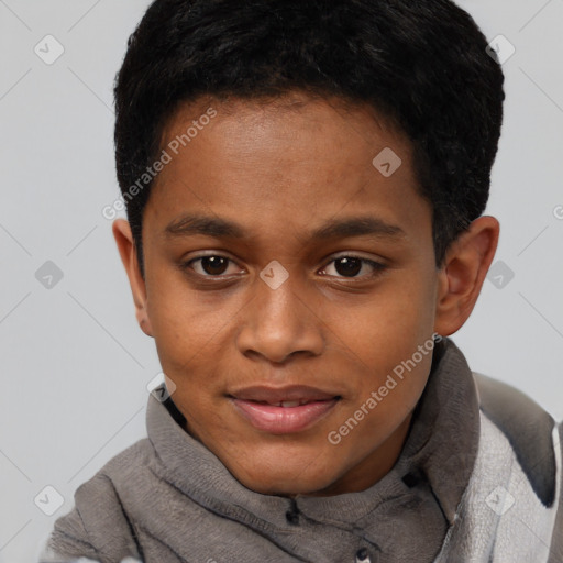 Joyful black young-adult male with short  brown hair and brown eyes