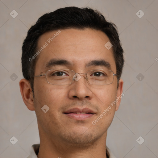 Neutral asian young-adult male with short  black hair and brown eyes