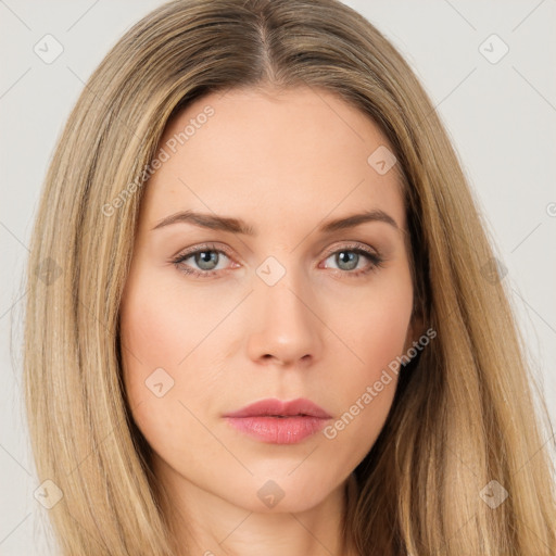 Neutral white young-adult female with long  brown hair and brown eyes