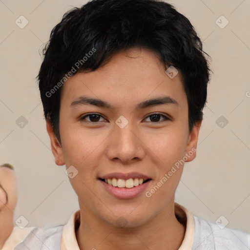 Joyful asian young-adult female with short  brown hair and brown eyes