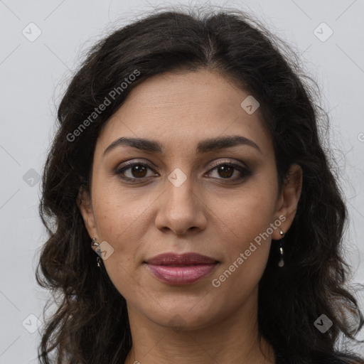 Joyful white adult female with long  brown hair and brown eyes