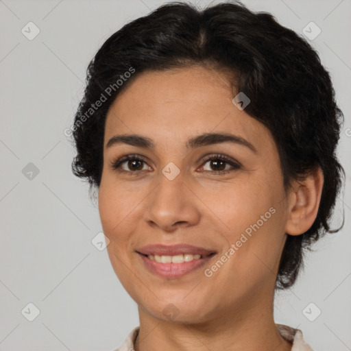 Joyful white young-adult female with short  brown hair and brown eyes