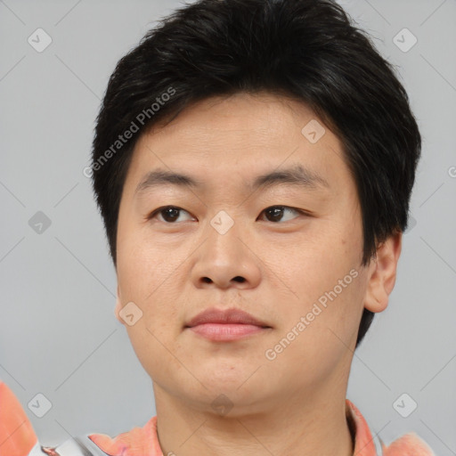 Neutral asian young-adult male with short  brown hair and brown eyes