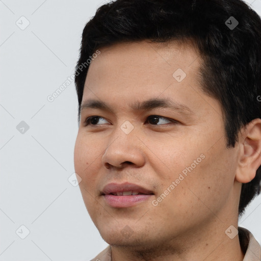 Neutral asian young-adult male with short  black hair and brown eyes