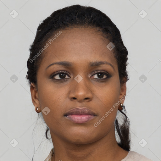 Neutral black young-adult female with short  black hair and brown eyes