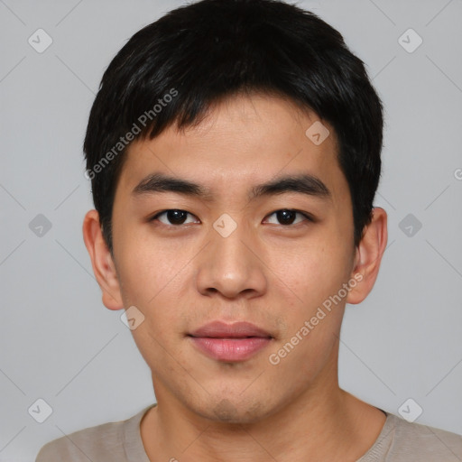 Neutral asian young-adult male with short  black hair and brown eyes