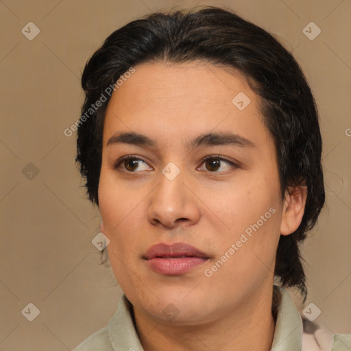 Joyful white young-adult female with medium  brown hair and brown eyes